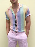 Men's Rainbow Striped Print Short-sleeved Shirts SKUH08233